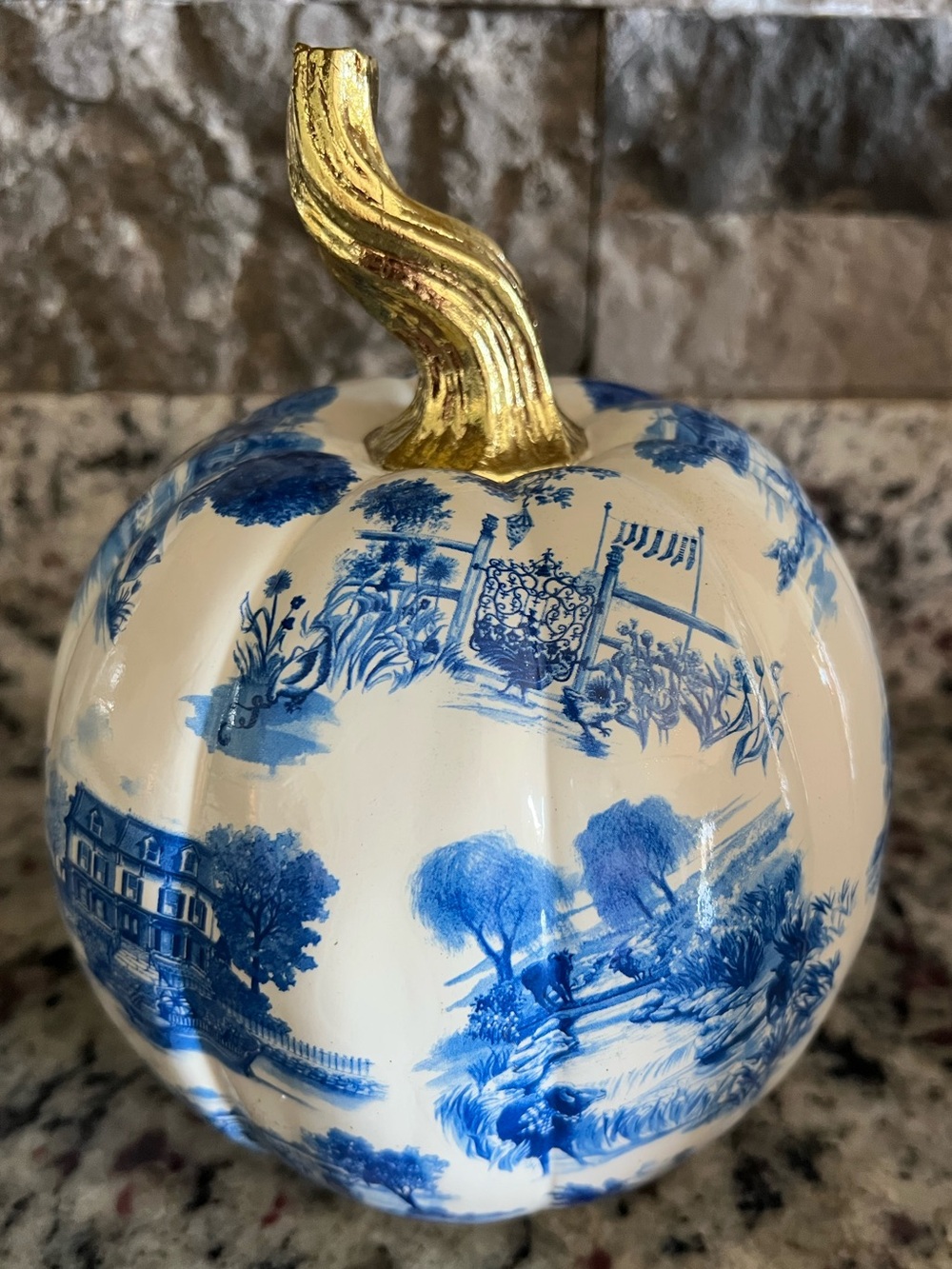 Mackenzie-Childs Royal Toile Small Pumpkin with Gold stem. New in Box!